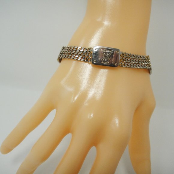 Celine Paris 3 Chain Logo Bracelet Silver & Gold Tone Turn Lock - Picture 1 of 11
